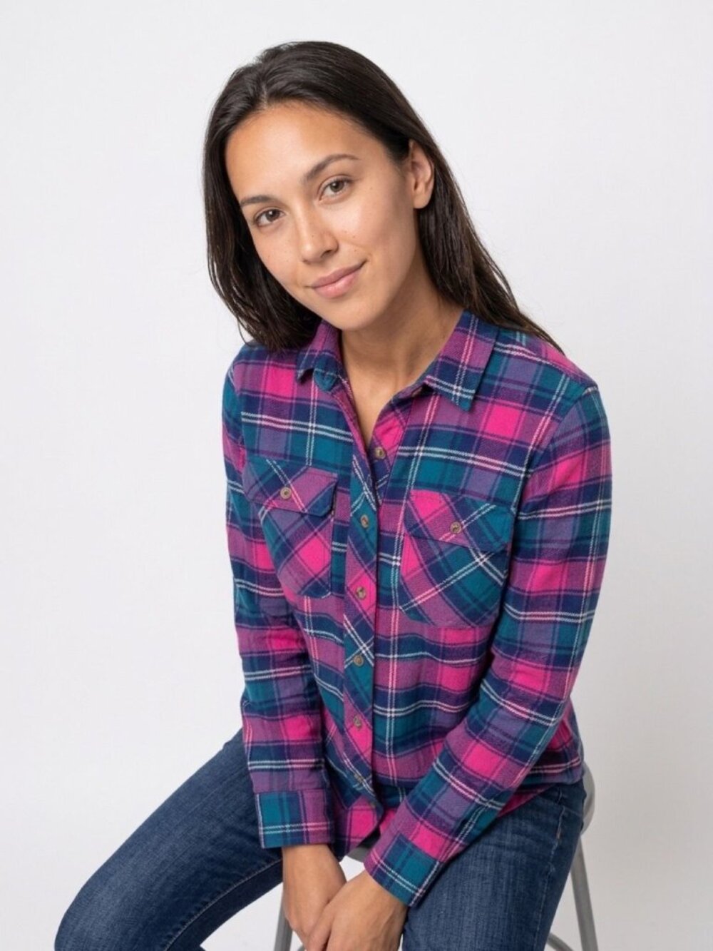 Duluth Womens Plaid Flannel Button-Up Shirt S Pink & Teal Long Sleeve S W/Shirtt